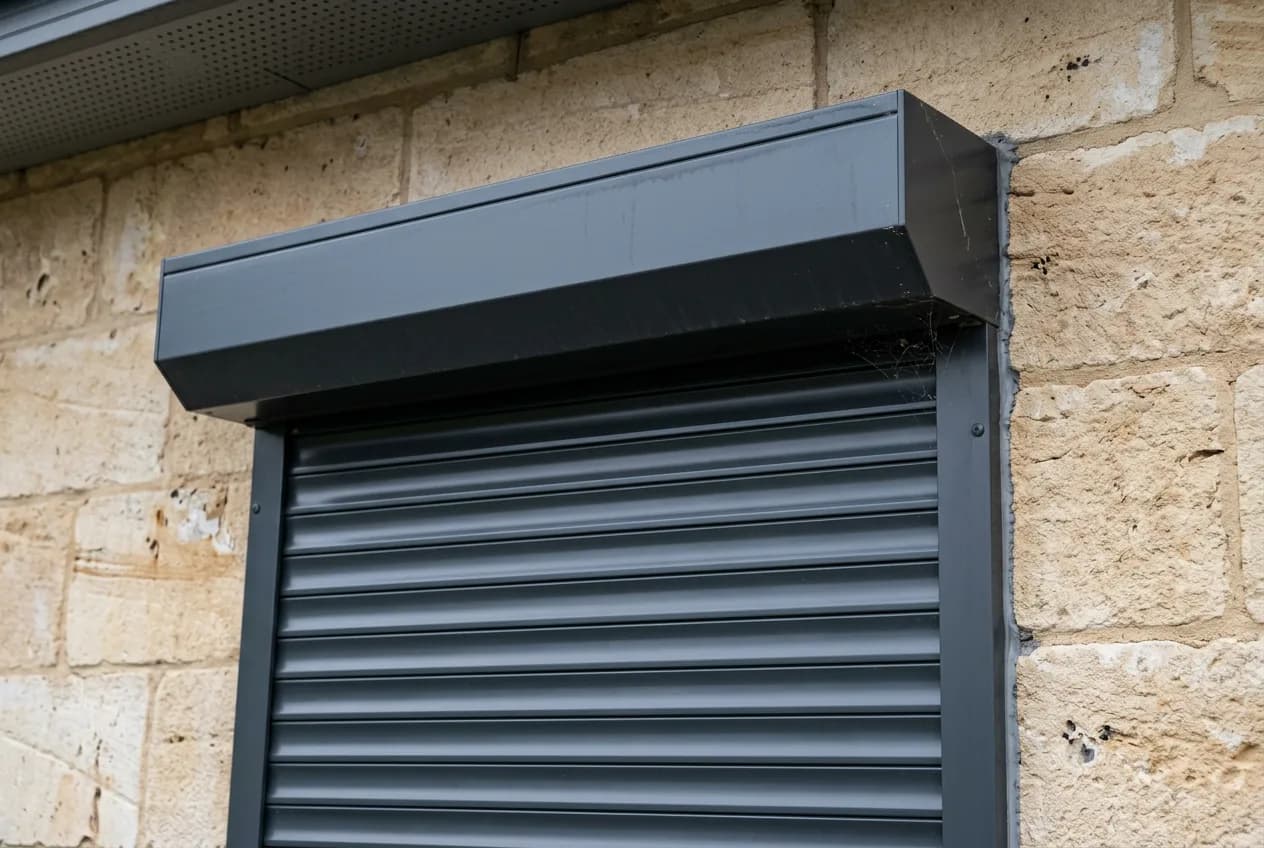 Close-up of a charcoal aluminum roll shutter headbox cassette mounted on a sandstone exterior wall