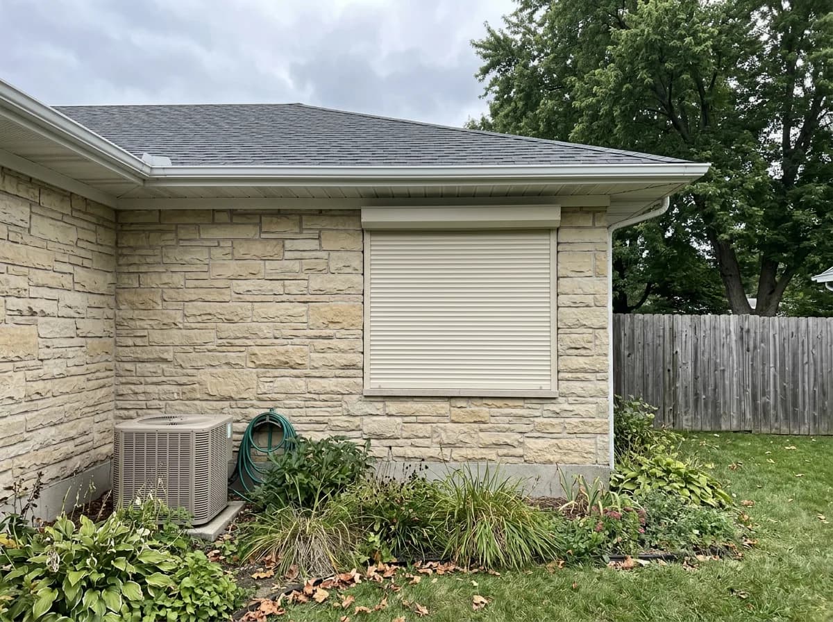 Single cream aluminum roll shutter deployed over a side window on a sandstone Ontario home above a landscaped garden