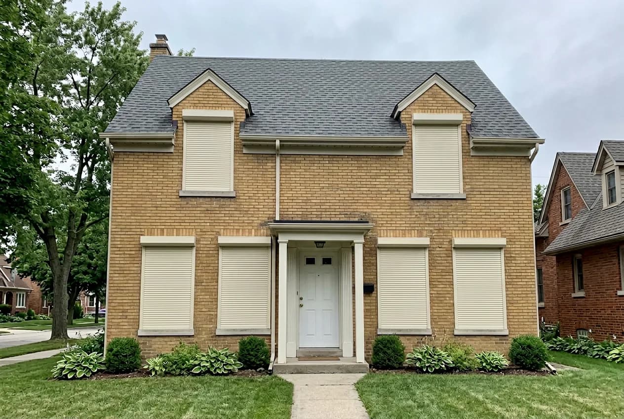 1920s buff-brick Ontario home with four cream aluminum roll shutters deployed across the front windows