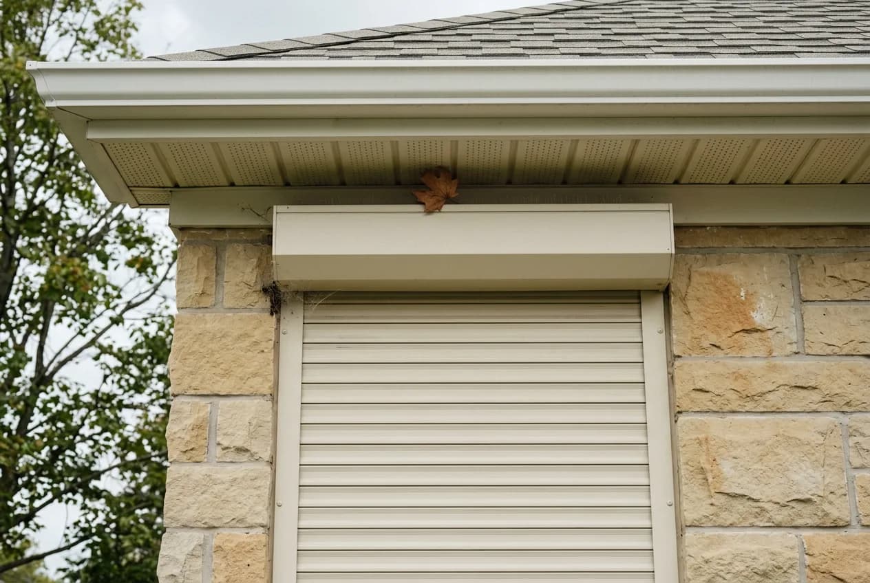 Sandstone-clad Ontario home with a cream aluminum roll shutter deployed under the eave