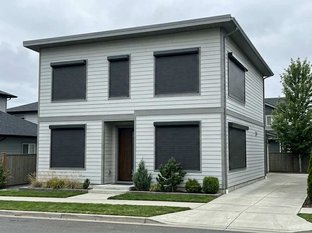 Dark charcoal aluminum roll shutters deployed across the front windows of a modern grey fiber-cement Ontario home