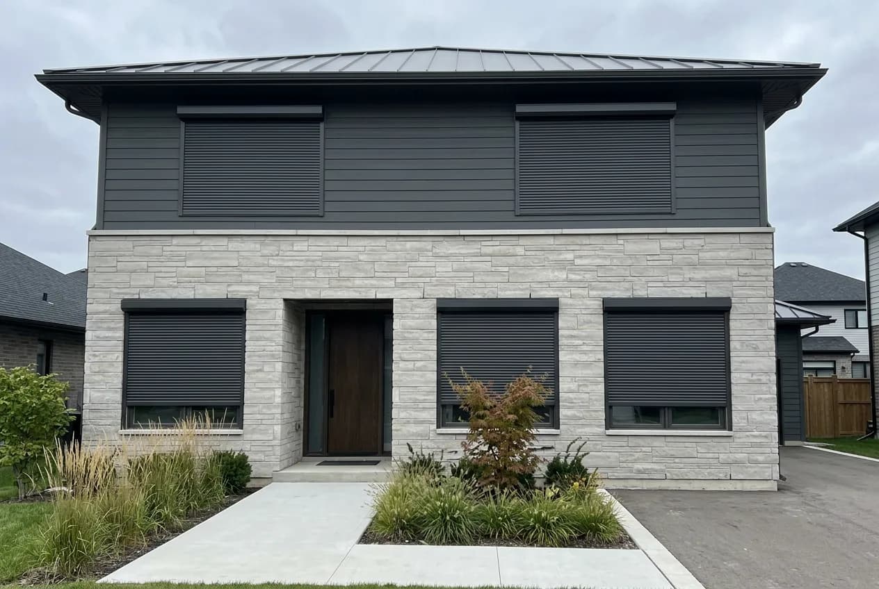 Modern Ontario home with charcoal aluminum roll shutters deployed across the front windows on a stone-and-dark-siding facade
