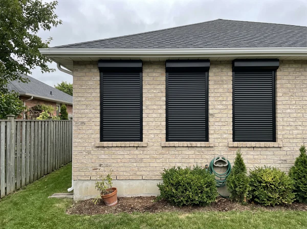 Three black aluminum roll shutters deployed across a light-brick Ontario side elevation above an evergreen garden bed