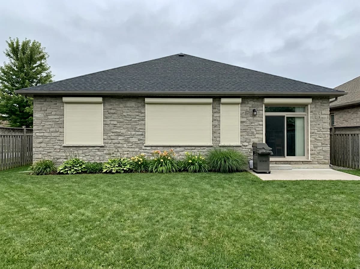 Stone-clad Ontario bungalow with cream aluminum roll shutters deployed over the rear windows
