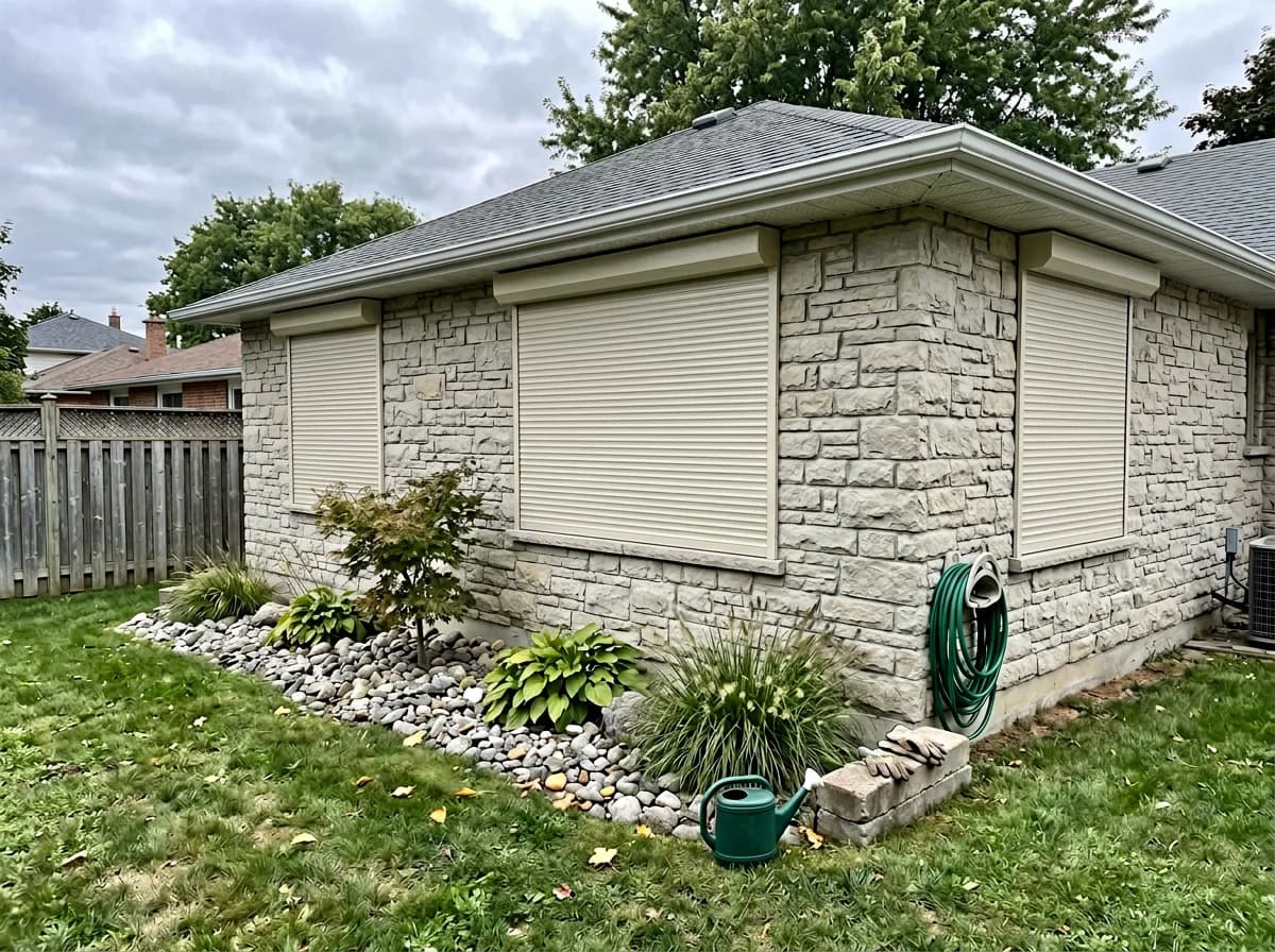 Cream aluminum roll shutters deployed over the rear windows of a stone-clad Ontario bungalow above a landscaped rock garden