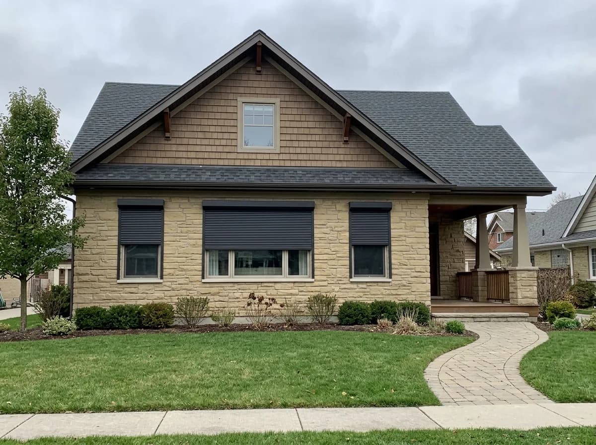 Three charcoal aluminum roll shutters deployed over the front windows of a craftsman-style Ontario bungalow