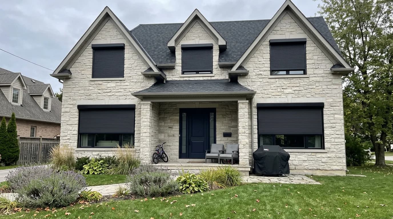Motorized aluminum roll shutter installed on a residential window in Ontario