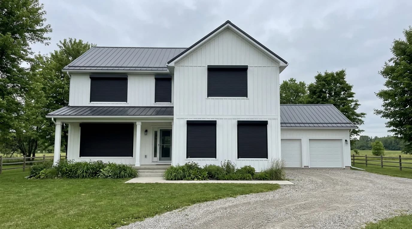 Black aluminum roll shutters deployed across the front windows of a modern white farmhouse Ontario home