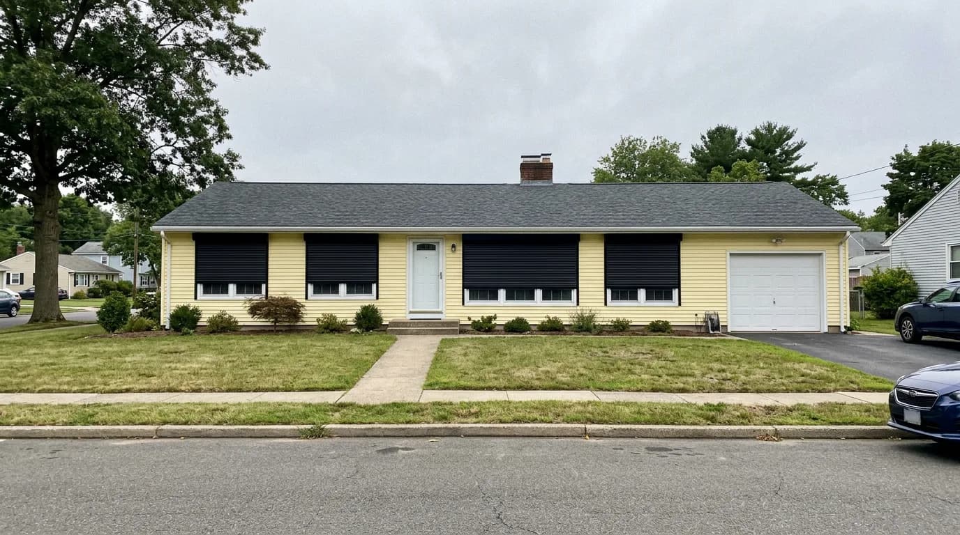 Black aluminum roll shutters deployed across the front of a butter-yellow vinyl Ontario ranch home